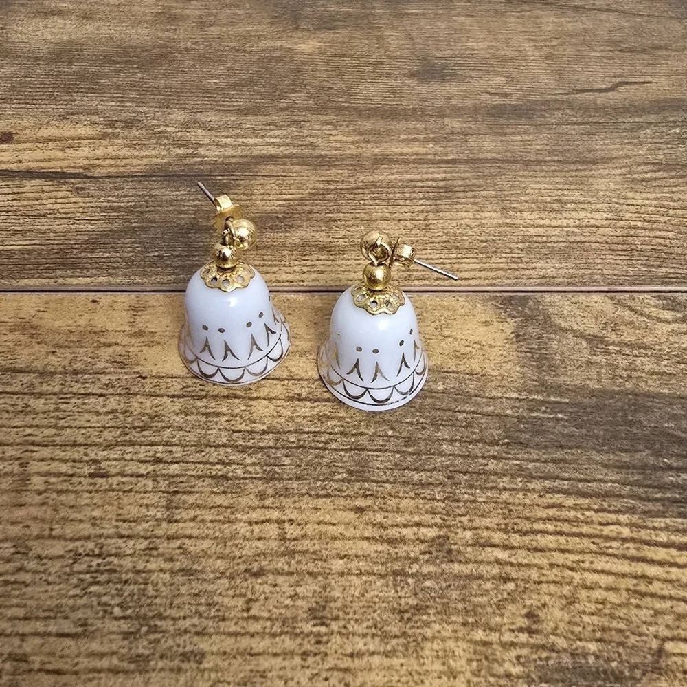Gold Tone  and White Bell Earrings